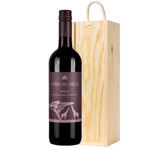 Afrikan Ridge Merlot 75cl Red Wine In Pine Wooden Gift Box